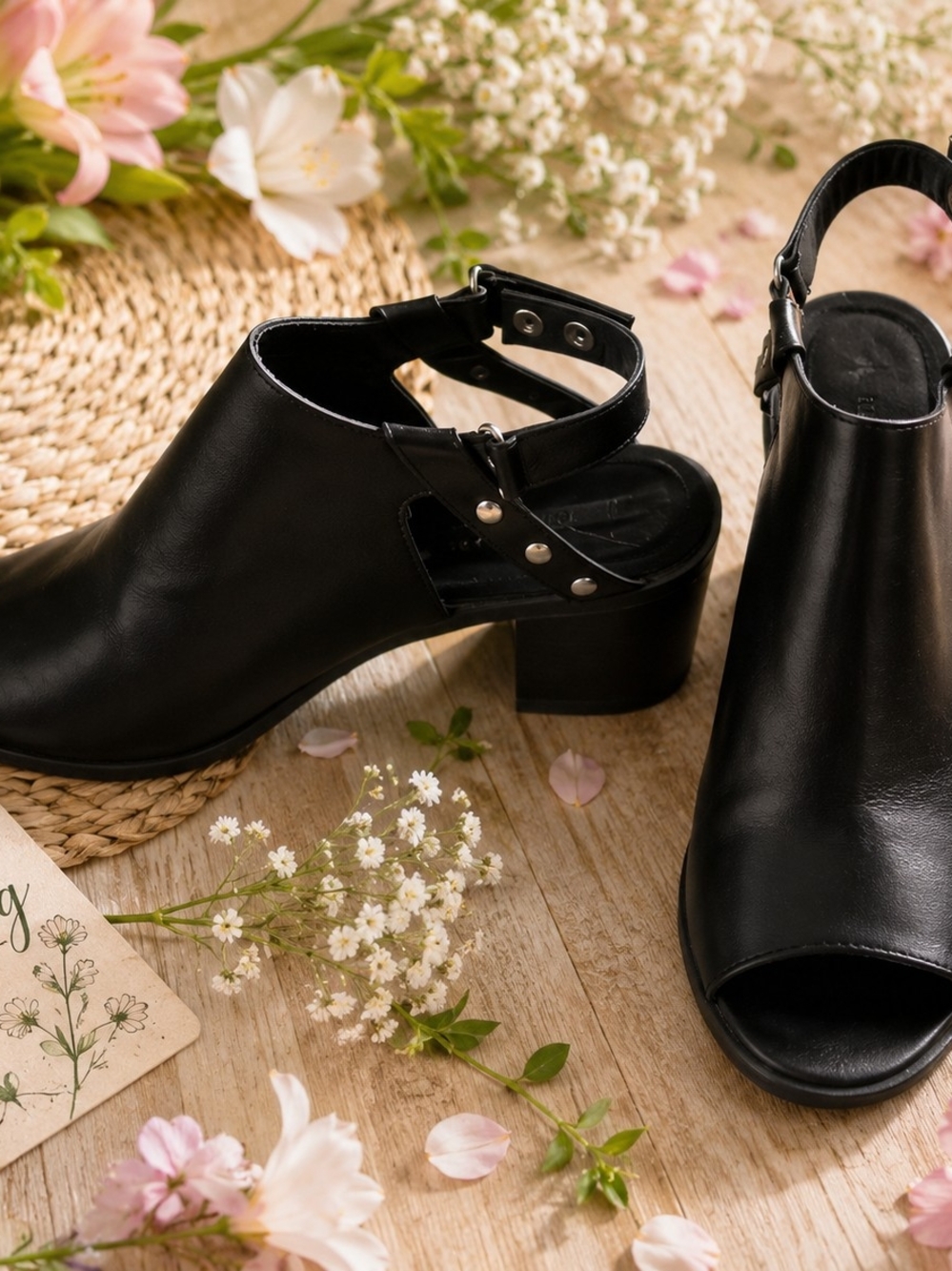 Black Open-Toe Block Heel Sandals